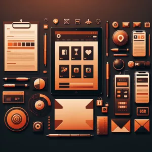 a dark background containing a collection of images such as social media icons, a website template and stationery to represent branding