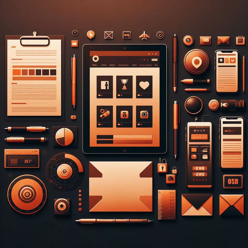 a dark background containing a collection of images such as social media icons, a website template and stationery to represent branding